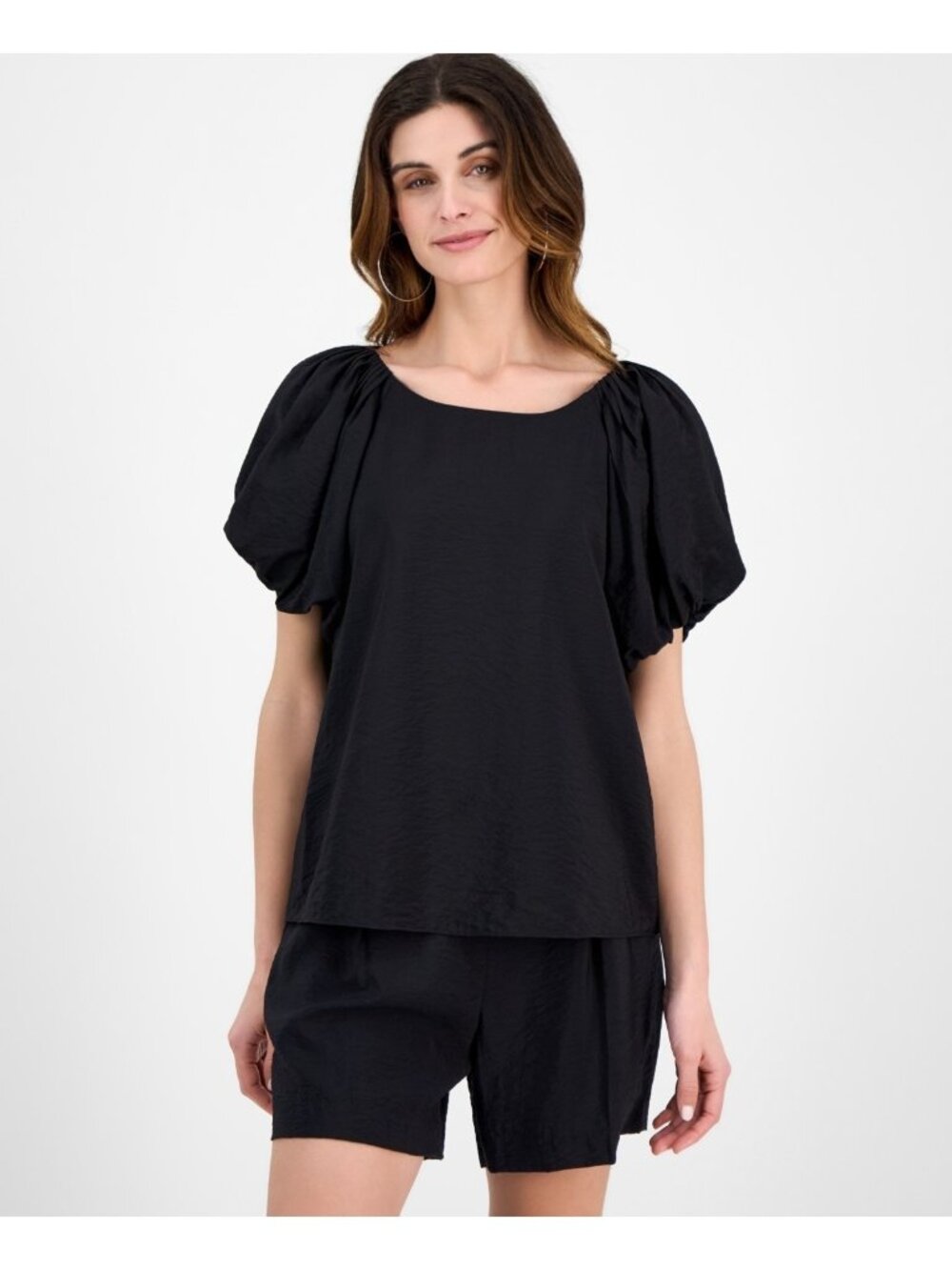 Anne Klein Women's Viscose Pleated Puff Bubble-Sleeve Blouse Black Size XL $79